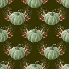 beautiful seamless background with pumpkins and autumn leaves and berries of rose hips and viburnum. Halloween. Can be used as background template for Wallpaper, fabric printing, packaging, etc.