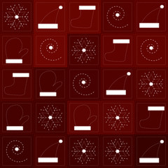 Red Christmas seamless pattern with white snowflakes, spirals, mittens, christmas socks. Looks like patchwork with embroidery. Good for paper napkins, decorative paper, tablecloth.