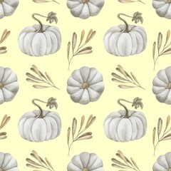 beautiful seamless background with pumpkins and autumn leaves and berries of rose hips and viburnum. Halloween. Can be used as background template for Wallpaper, fabric printing, packaging, etc.