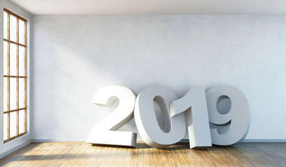 New Year 2019 Concept. Modern Empty Room 3D Interior with 2019 near the wall and Large Windows. 3D Rendering