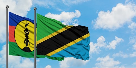 New Caledonia and Tanzania flag waving in the wind against white cloudy blue sky together. Diplomacy concept, international relations.