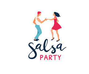 Obraz premium Salsa party lettering logo. Salsa in the city. Street dancing. Beautiful couple dancing. Vector illustration cartoon style. Dance studio logo.