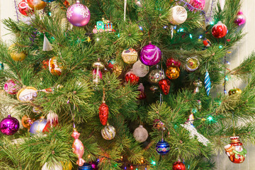 Fragment of big green festive Christmas tree decorated with many colorful toys. Beautiful new year background