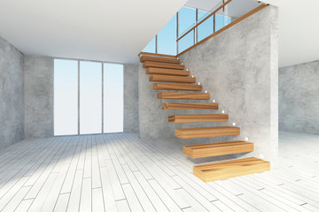 Modern Empty Room Interior with Wooden Stairs and Large Windows.