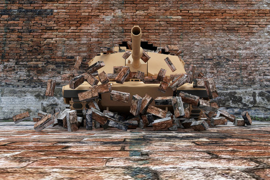 Military Tank Breaks through the Old Grunge Dirty Brick Wall.