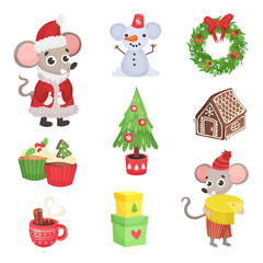 Set of New Year attributes and characters. Vector illustration.