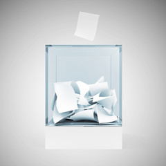 Glass Vote Box with Envelope on gradient background. 3D Rendering