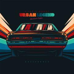Original-Vektor-Retro-Print-Auto auf abstraktem Hintergrund fährt auf der Straße. Das amerikanische Muscle-Car. T-Shirt-Design © artmarsa