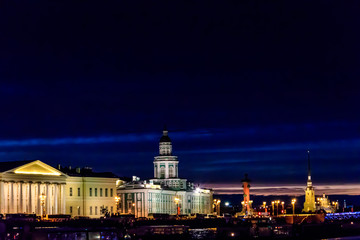 Fototapeta na wymiar Building of Kunstkamera (or Kunstkammer). Peter the Great Museum of Anthropology and Ethnography in St. Petersburg, Russia. Night view from Neva river
