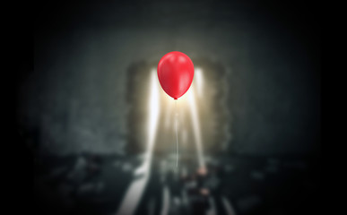 Horror Scene of Red Balloon in Abandoned Old Ruined House Interior with Demolished Wall. 3D Rendering - 301092904