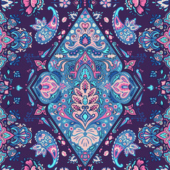 Indian colorful rug paisley ornament pattern design.