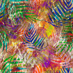 Obraz premium Seamless watercolor background with, flowers, paint splash. Watercolor picture of dragonfly, flower branch,poppy Tropical background. leaves of a tree, palms, abstract fruit, citrus,orange, lime,lemon