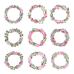 Branches With Berries Gathered Together in a Shape of Wreath Vector Set