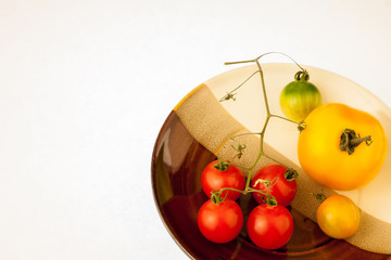 Tomatoes on a branch on a gradient plate. Stripes along the diagonal.