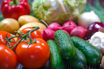 Various vegetables. Potatoes, onions, cabbage, peppers, garlic, carrots, radishes. Tomatoes and cucumbers shot close-up.