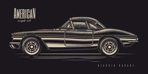 Original monochrome vector illustration of American muscle car in retro style.