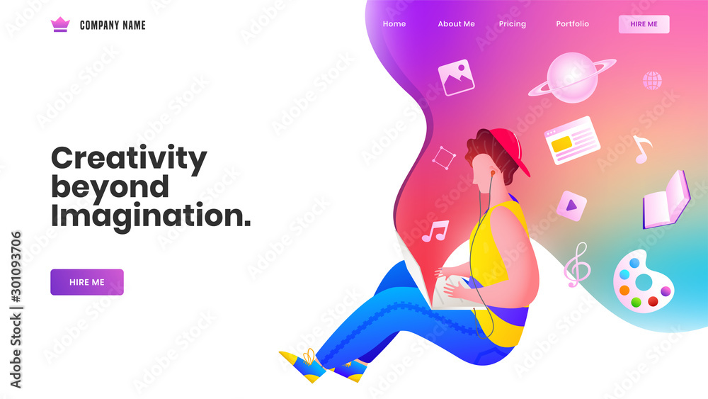 Wall mural web banner or landing page design with young boy beyond imagination listen music with open different