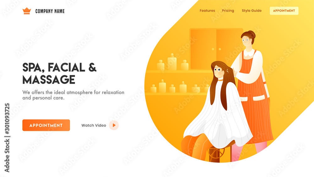 Wall mural Landing page or web banner design with women character on salon view for Spa, Facial & Massage.