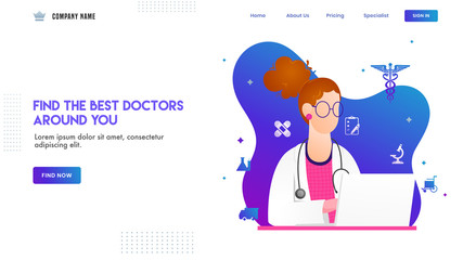 Landing page design with illustration of woman doctor character and medical elements on white and blue background.