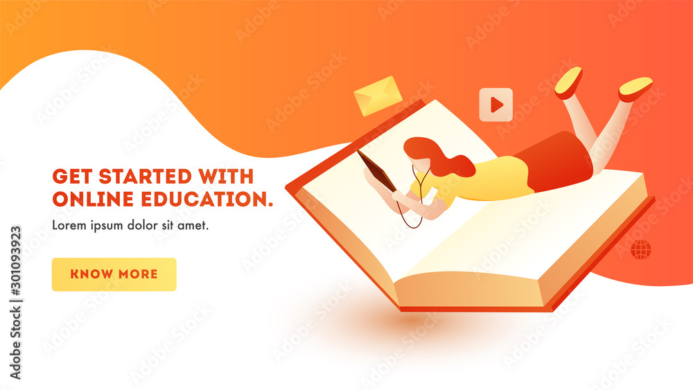 Wall mural landing page design with young girl learning online education from tablet with book on orange and wh