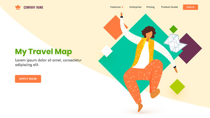 Web banner or landing page design with faceless man character in jumping pose, travel map and abstract element on background.