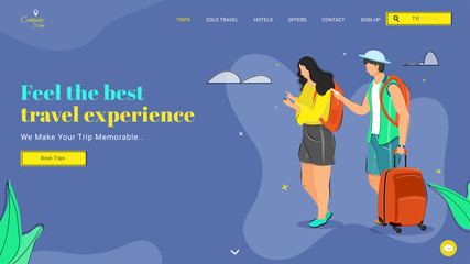 Landing page design with illustration of female and male tourist holding luggage bag going to trip for Feel the best travel experience.