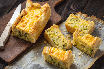 Broccoli, cheese and leek tart, vegetarian cuisine.