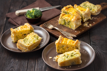 Broccoli, cheese and leek tart, vegetarian cuisine.