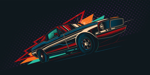 Original vector retro print car on abstract background rides on road. The American muscle car. T-shirt design