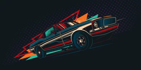 Fotobehang Originele vector retro print auto op abstracte achtergrond rijdt op de weg. De Amerikaanse musclecar. T-shirt ontwerp © artmarsa