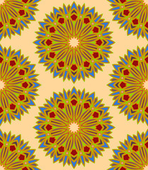 Fototapeta na wymiar Seamless pattern floral ornament. Islamic textile print. Mandala vector design. Oriental background with boho pattern. Stained glass vitrage. Retro design.