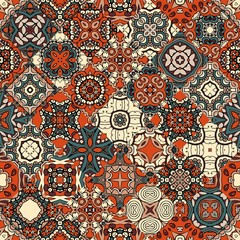 Patchwork seamless pattern. Decorative print with ethnic ornament. Ceramic tiles. Bright vector illustration.