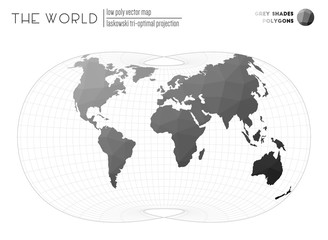 World map in polygonal style. Laskowski tri-optimal projection of the world. Grey Shades colored polygons. Energetic vector illustration.