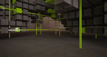 Abstract architectural concrete and rusted metal interior of cubes  . 3D illustration and rendering.