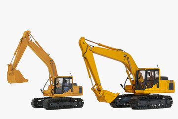 Two yellow excavator model with isolated on a white background