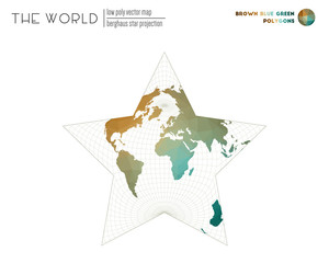 Abstract world map. Berghaus star projection of the world. Brown Blue Green colored polygons. Energetic vector illustration.