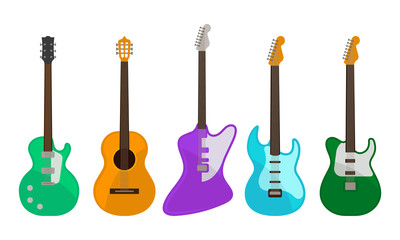 Five Colorful Guitars Electric And Acoustic Vector Illustration