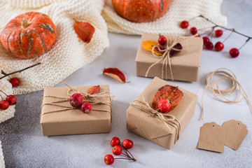 Fototapeta na wymiar Autumn, thanksgiving day, DIY, holidays preparation and creative background. Festive presents, dried leaves and handmade gift boxes