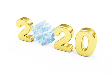 New Year Gold 2020 Symbol with Icy Snowflake isolated on white background