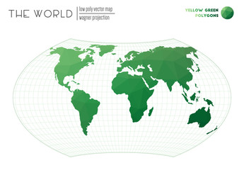 Vector map of the world. Wagner projection of the world. Yellow Green colored polygons. Beautiful vector illustration.