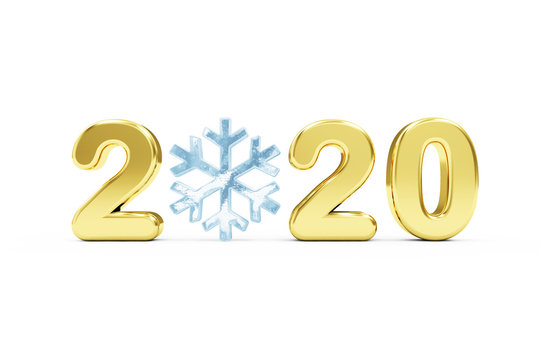 New Year Gold 2020 Symbol with Icy Snowflake isolated on white background
