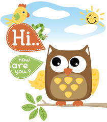 cartoon of owl with little friends