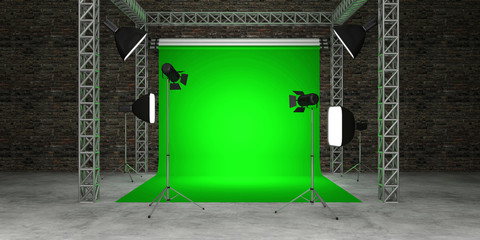 3D Interior of Modern Studio with Green Screen and Equipment - 301097593