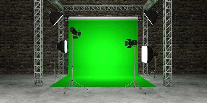 3D Interior of Modern Studio with Green Screen and Equipment