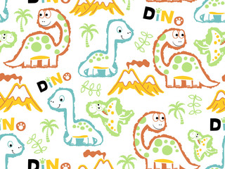 vector seamless pattern of dinosaurs cartoon, volcanoes, tree, leaves