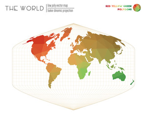 Polygonal world map. Baker Dinomic projection of the world. Red Yellow Green colored polygons. Contemporary vector illustration.