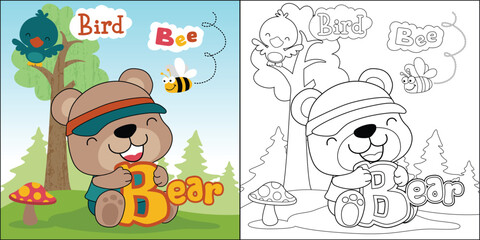 Obraz na płótnie Canvas vector cartoon of happy animals, bear, bird, bee. coloring book or page