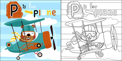 vector cartoon of funny pilot on a plane , coloring book or page