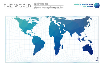 Abstract geometric world map. Gringorten equal-area projection of the world. Yellow, green, and blue colored polygons. Trending vector illustration.