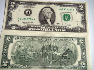 Money notes of the leading countries of the world. US dollars. A denomination of two dollars.